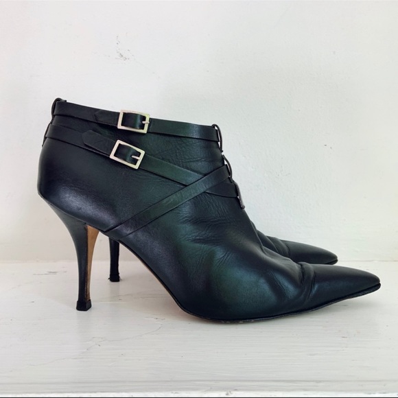 Manolo Blahnik Shoes - Manolo Blahnik Black Leather Pointy Toe  Stiletto Heel Bootie